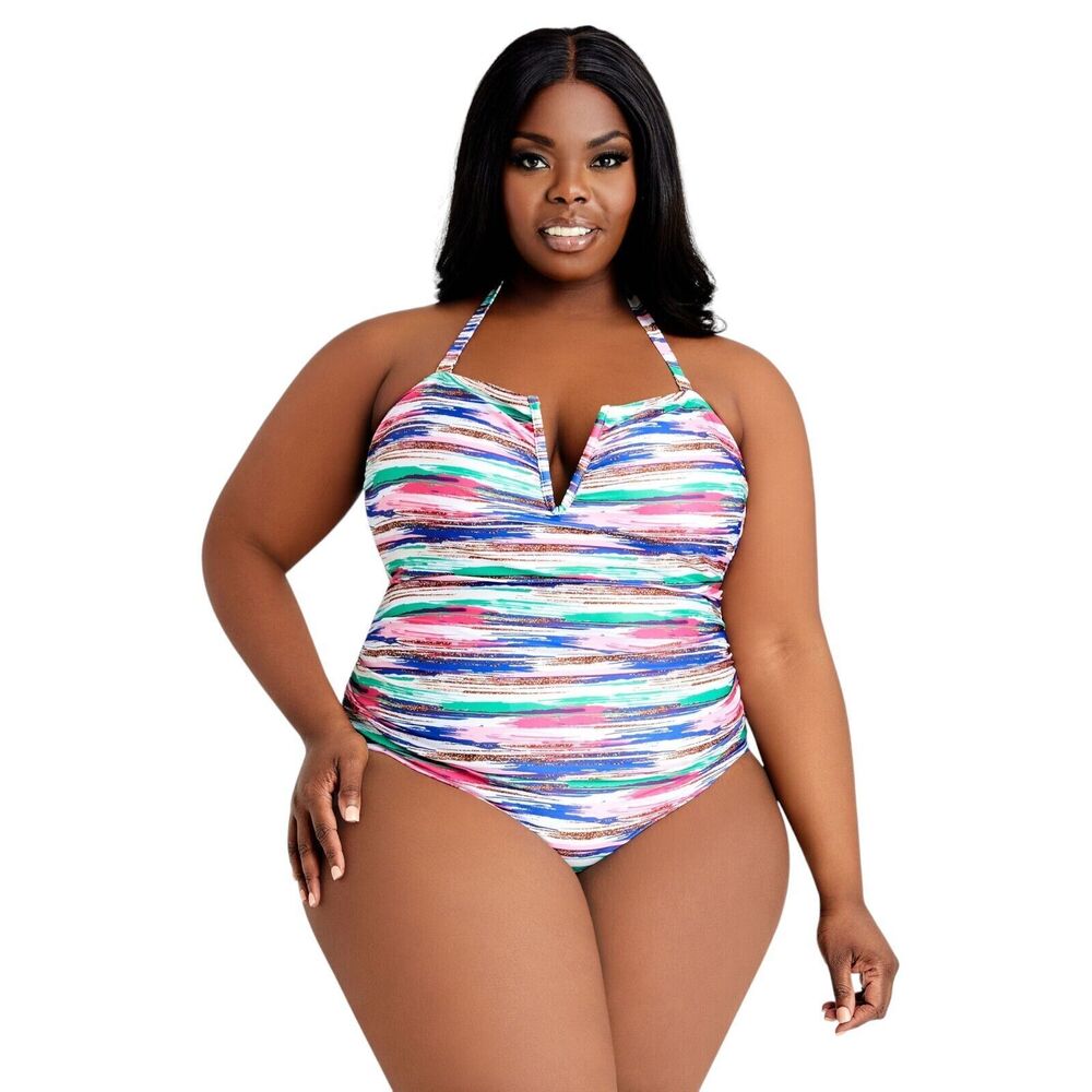 Catherine Malandrino Ruched One-Piece Swimsuit Plus Size 2X V-Neck Halter EUC